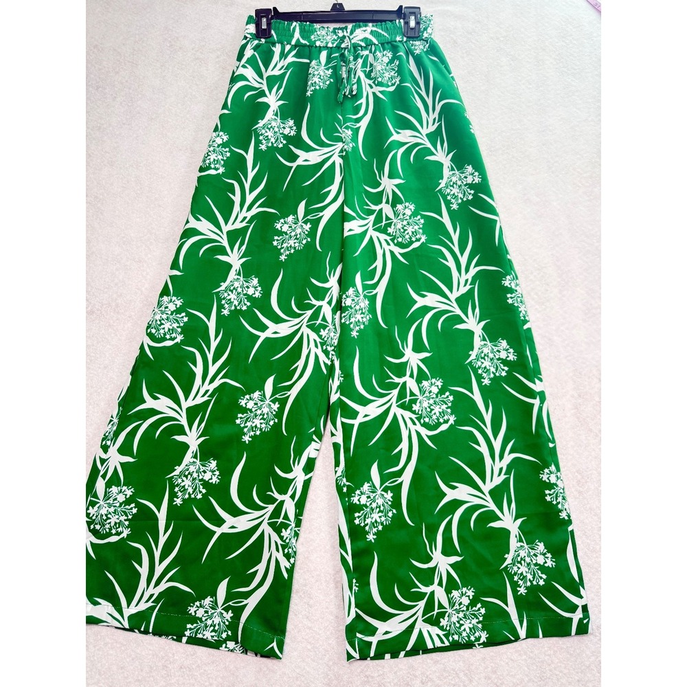 Women's NWT Green Floral Wide Leg Pants‎ Size Small Elastic Waist Boho Resort